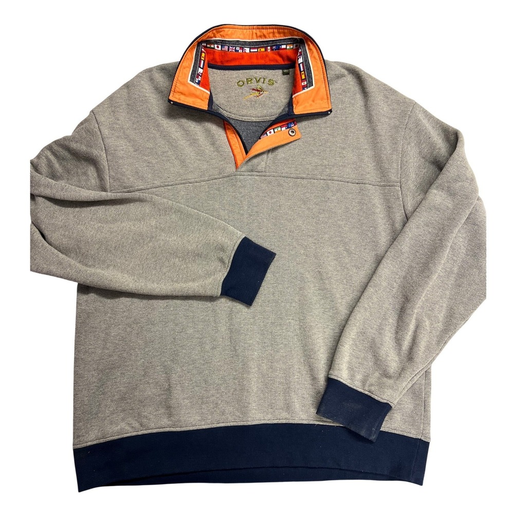 Orvis Mens Quarter Snap Pullover Sweatshirt Grey World Flags XL Nautical Outdoor